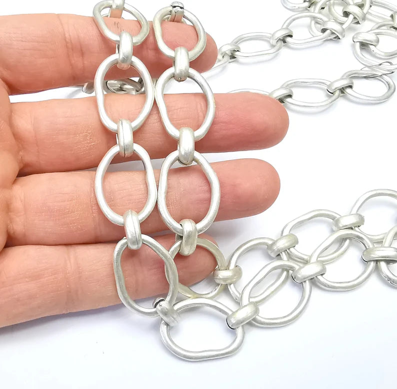 Large Silver Chain, (1 Meter - 3.3 feet ) Specialty Chains, Necklace, Bracelet, Belt, Bag Chain, Jewelry Accessory Chain, Antique Silver Plated (25x17mm) G34997