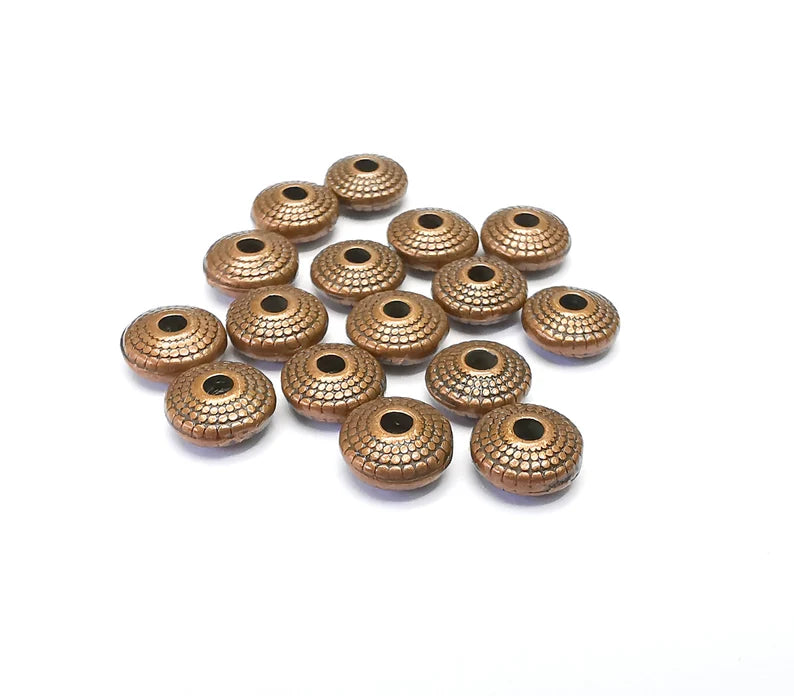 10 Saucer Beads, Copper Beads, Bracelet Rondelle Beads, Dotted Beads, Necklace Beads, Antique Copper Plated Metal 7mm G34998