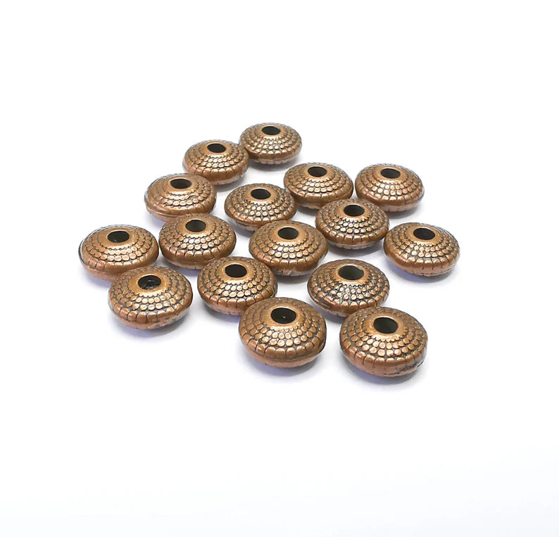 10 Saucer Beads, Copper Beads, Bracelet Rondelle Beads, Dotted Beads, Necklace Beads, Antique Copper Plated Metal 7mm G34998