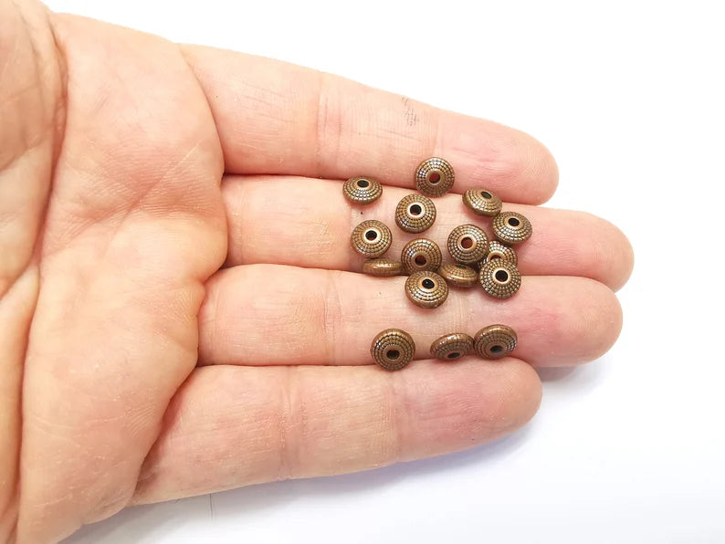 10 Saucer Beads, Copper Beads, Bracelet Rondelle Beads, Dotted Beads, Necklace Beads, Antique Copper Plated Metal 7mm G34998