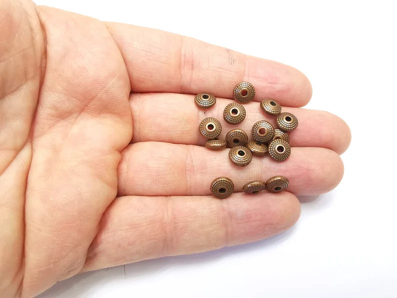 10 Saucer Beads, Copper Beads, Bracelet Rondelle Beads, Dotted Beads, Necklace Beads, Antique Copper Plated Metal 7mm G34998