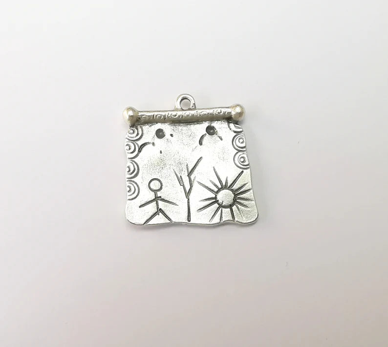 Silver Dangle Charms, Boho Sun Charms, Rustic Charms, Earring Charms, Silver Pendant, Necklace Parts, Antique Silver Plated 26x25mm G35174