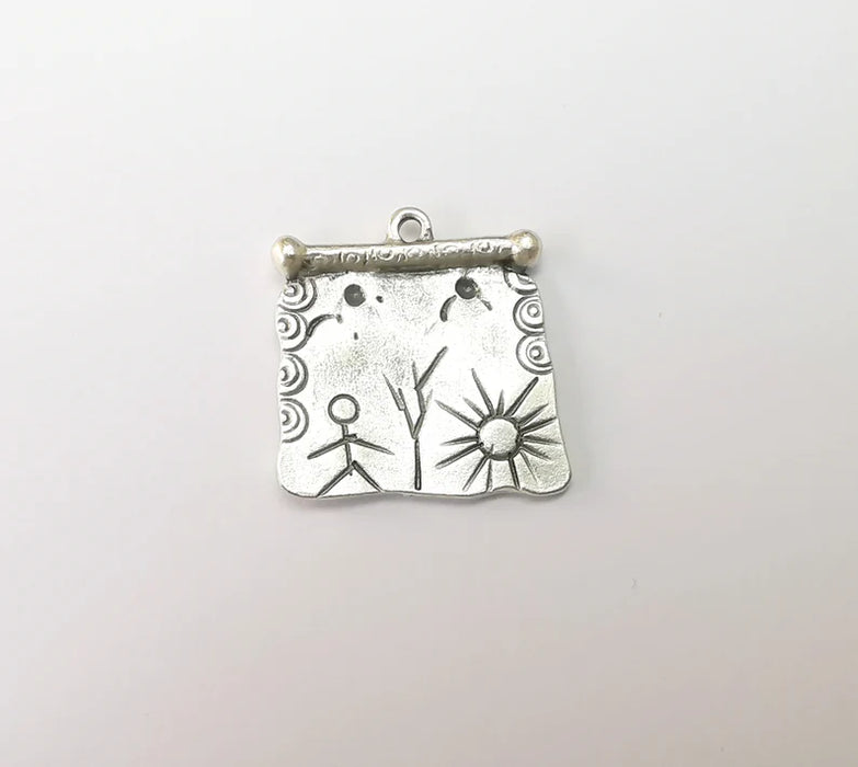 Silver Dangle Charms, Boho Sun Charms, Rustic Charms, Earring Charms, Silver Pendant, Necklace Parts, Antique Silver Plated 26x25mm G35174