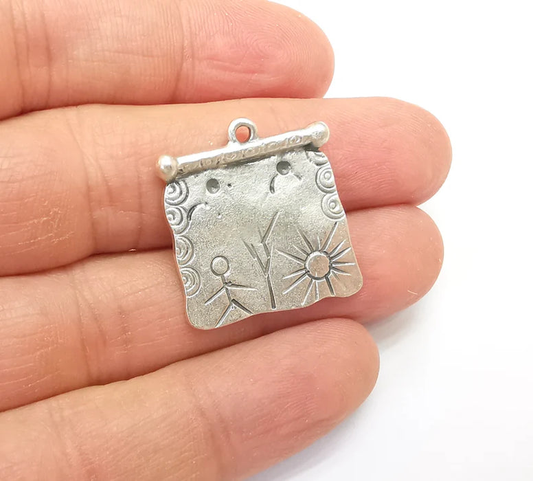 Silver Dangle Charms, Boho Sun Charms, Rustic Charms, Earring Charms, Silver Pendant, Necklace Parts, Antique Silver Plated 26x25mm G35174