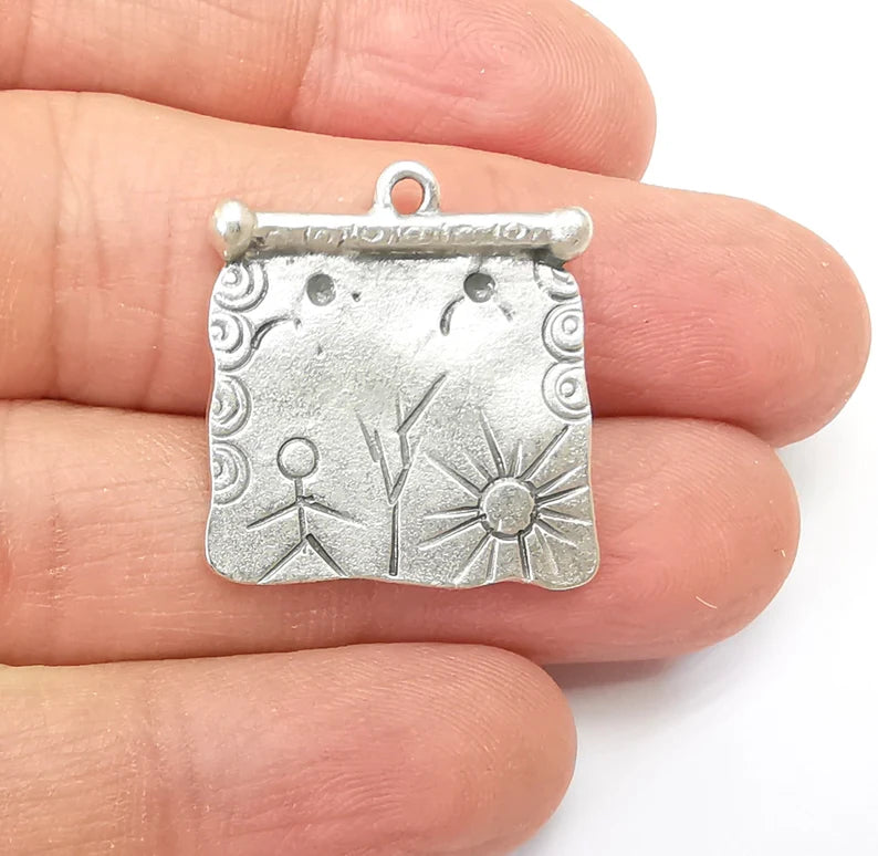Silver Dangle Charms, Boho Sun Charms, Rustic Charms, Earring Charms, Silver Pendant, Necklace Parts, Antique Silver Plated 26x25mm G35174