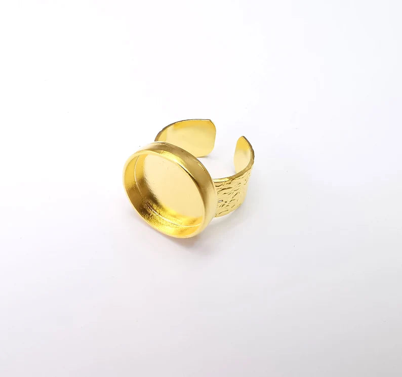 Gold Ring Setting, Cabochon Blank, Resin Bezel, Round Ring Mounting, Epoxy Frame Base, Adjustable Antique Gold Plated 18mm blank G35176