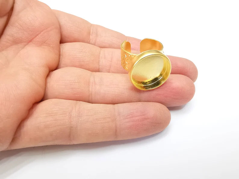 Gold Ring Setting, Cabochon Blank, Resin Bezel, Round Ring Mounting, Epoxy Frame Base, Adjustable Antique Gold Plated 18mm blank G35176