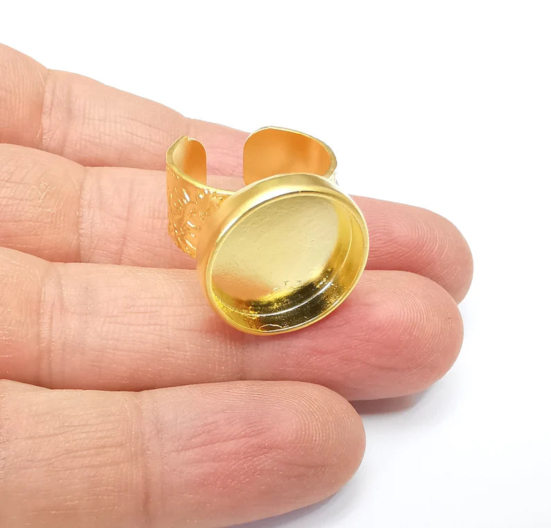 Gold Ring Setting, Cabochon Blank, Resin Bezel, Round Ring Mounting, Epoxy Frame Base, Adjustable Antique Gold Plated 18mm blank G35176