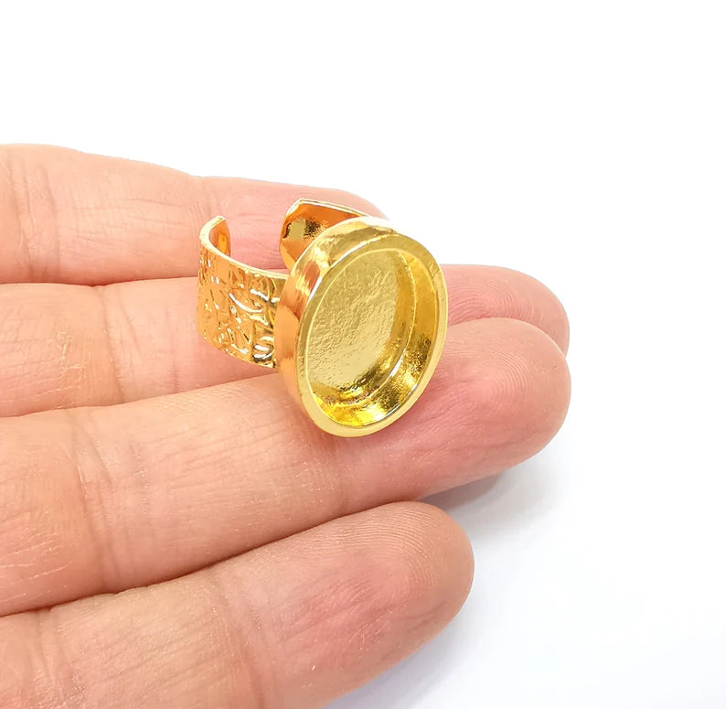 Shiny Gold Ring Setting, Cabochon Blank, Resin Bezel, Oval Ring Mounting, Epoxy Frame Base, Adjustable Antique Gold Plated 18x13mm G35178