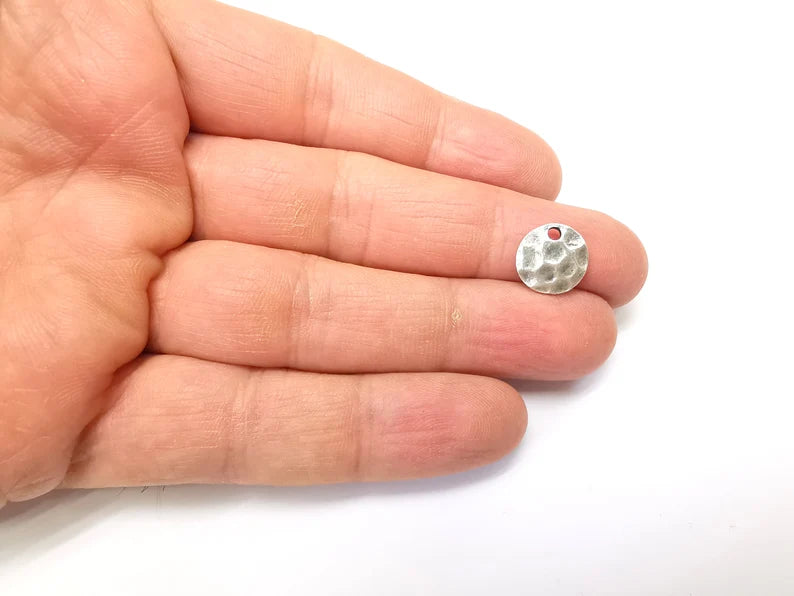 10 Silver Hammered Charms, Boho Charms, Dangle Charms, Earring Charms, Silver Pendant, Necklace Parts, Antique Silver Plated (11mm) G35182