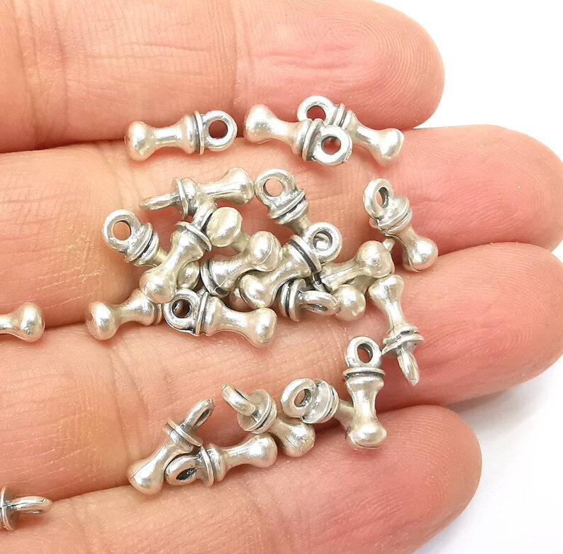 10 Silver Dangle Charms, Boho Charms, Bracelet Charms, Earring Charms, Silver Pendant, Necklace Parts, Antique Silver Plated 11x4mm G35184