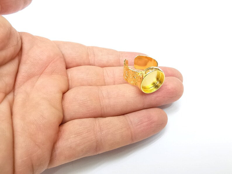 Shiny Gold Ring Setting, Cabochon Blank, Resin Bezel, Round Ring Mounting, Epoxy Frame Base, Adjustable Antique Gold Plated 14mm G35183