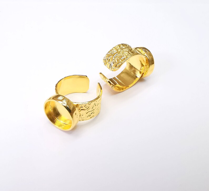 Shiny Gold Ring Setting, Cabochon Blank, Resin Bezel, Round Ring Mounting, Epoxy Frame Base, Adjustable Antique Gold Plated 14mm G35183