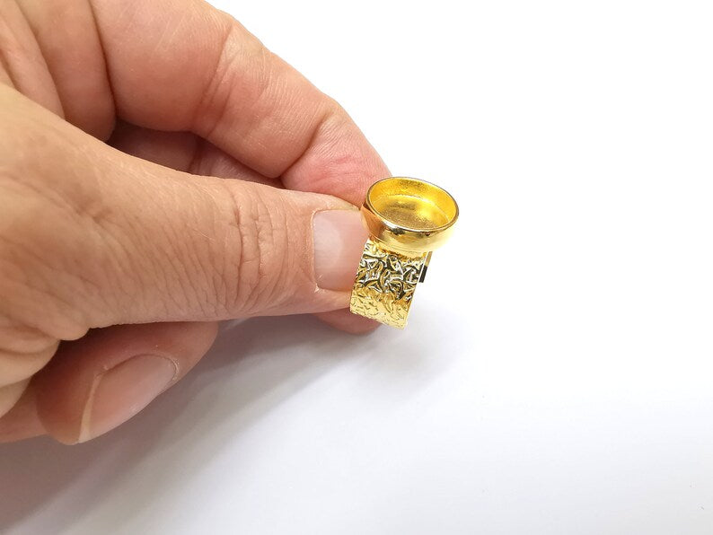 Shiny Gold Ring Setting, Cabochon Blank, Resin Bezel, Round Ring Mounting, Epoxy Frame Base, Adjustable Antique Gold Plated 14mm G35183