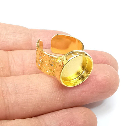 Shiny Gold Ring Setting, Cabochon Blank, Resin Bezel, Round Ring Mounting, Epoxy Frame Base, Adjustable Antique Gold Plated 14mm G35183