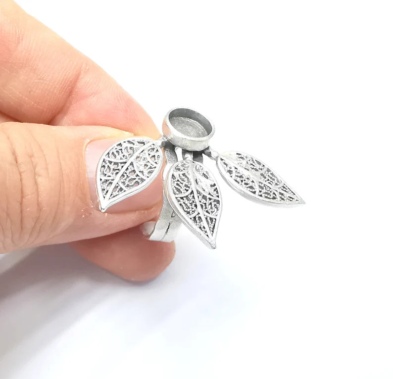 Leaf Ring Setting, Cabochon Blank, Resin Bezel, Round Ring Mounting, Epoxy Frame Base, Adjustable Antique Silver Plated Brass 8mm G35003