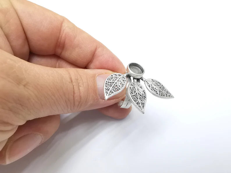 Leaf Ring Setting, Cabochon Blank, Resin Bezel, Round Ring Mounting, Epoxy Frame Base, Adjustable Antique Silver Plated Brass 8mm G35003