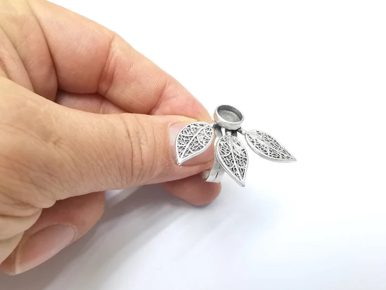 Leaf Ring Setting, Cabochon Blank, Resin Bezel, Round Ring Mounting, Epoxy Frame Base, Adjustable Antique Silver Plated Brass 8mm G35003