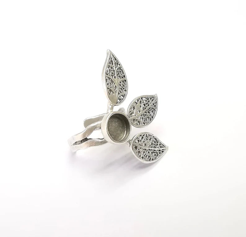 Leaf Ring Setting, Cabochon Blank, Resin Bezel, Round Ring Mounting, Epoxy Frame Base, Adjustable Antique Silver Plated Brass 8mm G35003