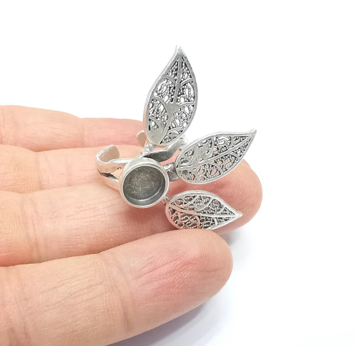Leaf Ring Setting, Cabochon Blank, Resin Bezel, Round Ring Mounting, Epoxy Frame Base, Adjustable Antique Silver Plated Brass 8mm G35003