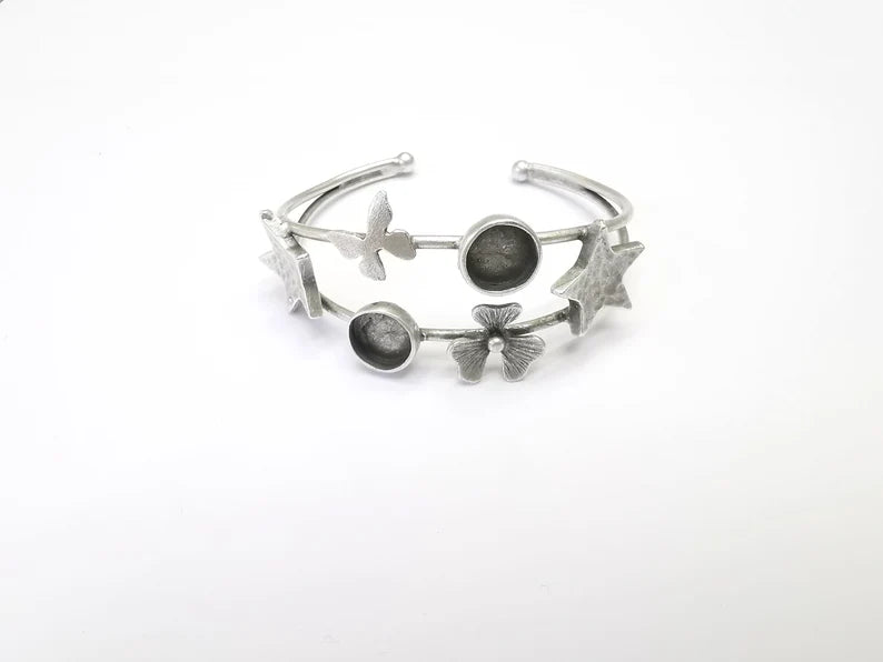Star Butterly Flower Bracelet, Wire Cuff, Bangle Bezel, Resin Blank, Wristband Cabochon Base, Adjustable Antique Silver Brass (10mm) G35011