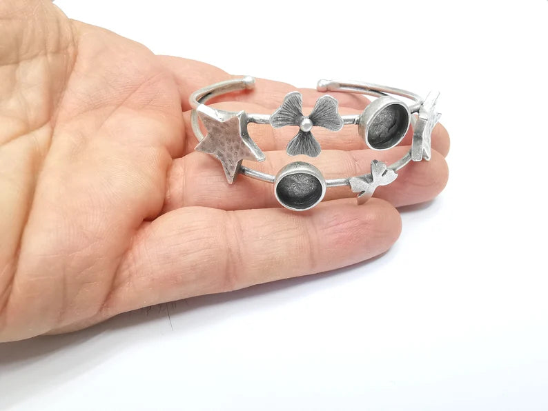 Star Butterly Flower Bracelet, Wire Cuff, Bangle Bezel, Resin Blank, Wristband Cabochon Base, Adjustable Antique Silver Brass (10mm) G35011