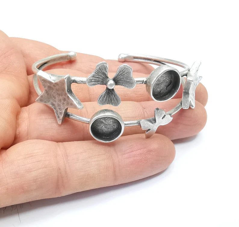 Star Butterly Flower Bracelet, Wire Cuff, Bangle Bezel, Resin Blank, Wristband Cabochon Base, Adjustable Antique Silver Brass (10mm) G35011