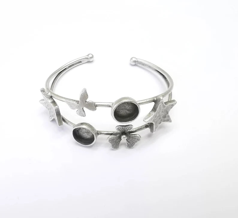 Star Butterly Flower Bracelet, Wire Cuff, Bangle Bezel, Resin Blank, Wristband Cabochon Base, Adjustable Antique Silver Brass (10mm) G35011