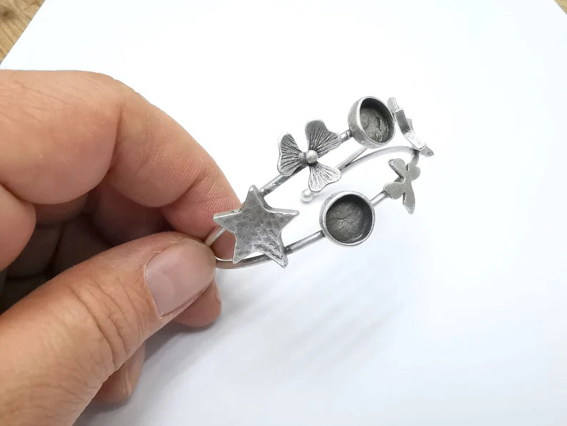 Star Butterly Flower Bracelet, Wire Cuff, Bangle Bezel, Resin Blank, Wristband Cabochon Base, Adjustable Antique Silver Brass (10mm) G35011