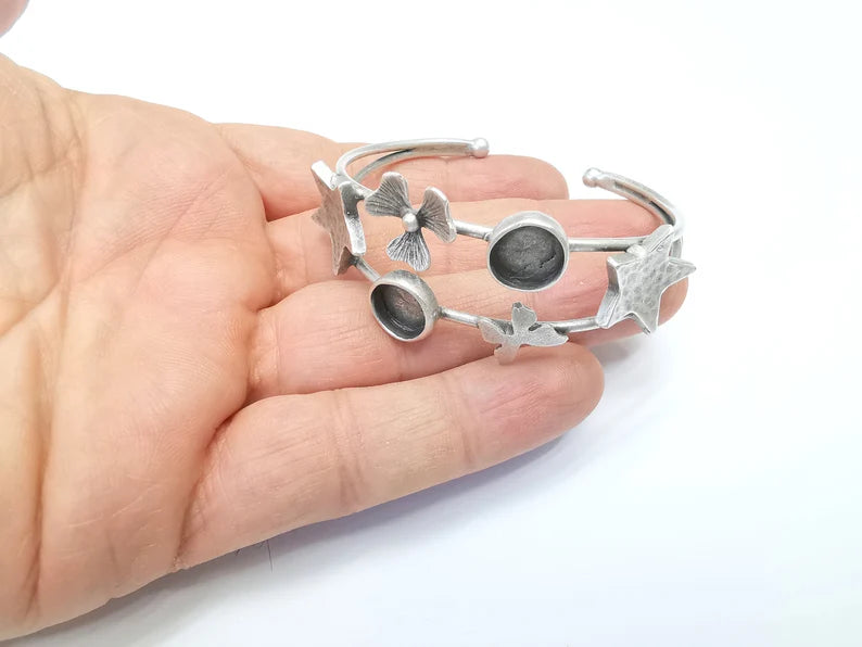Star Butterly Flower Bracelet, Wire Cuff, Bangle Bezel, Resin Blank, Wristband Cabochon Base, Adjustable Antique Silver Brass (10mm) G35011