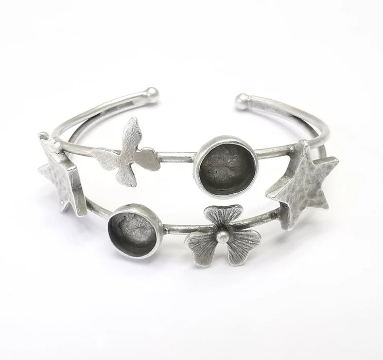 Star Butterly Flower Bracelet, Wire Cuff, Bangle Bezel, Resin Blank, Wristband Cabochon Base, Adjustable Antique Silver Brass (10mm) G35011