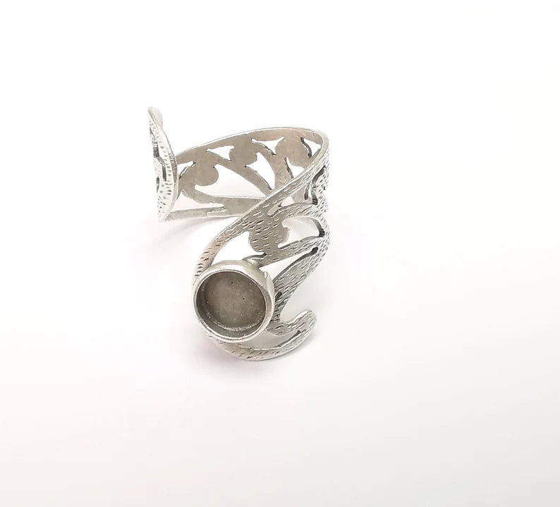 Silver Ring Setting, Cabochon Blank, Resin Bezel, Round Ring Mounting, Epoxy Frame Base, Adjustable Antique Silver Plated Brass 8mm G35016