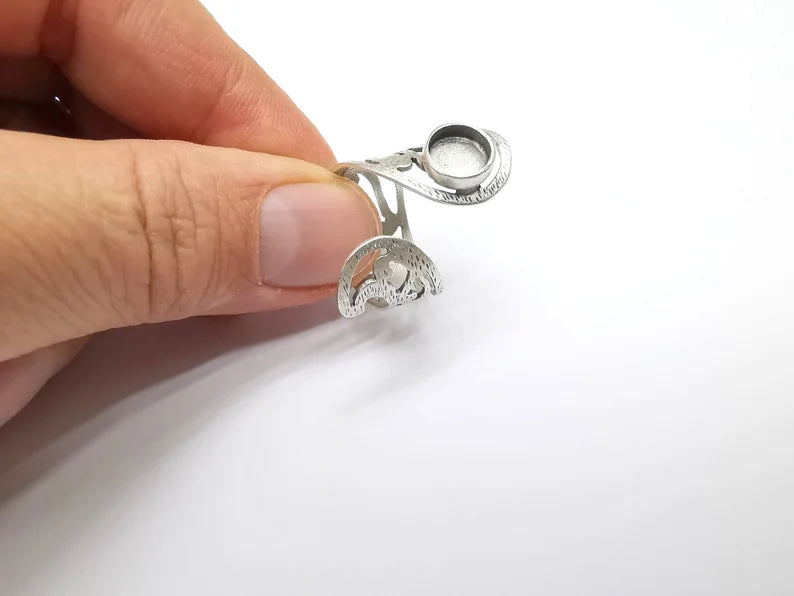 Silver Ring Setting, Cabochon Blank, Resin Bezel, Round Ring Mounting, Epoxy Frame Base, Adjustable Antique Silver Plated Brass 8mm G35016