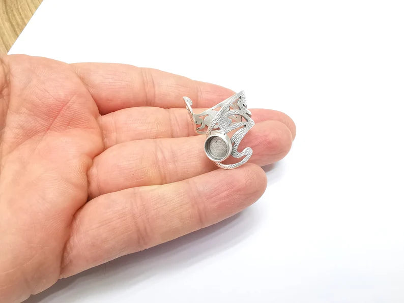 Silver Ring Setting, Cabochon Blank, Resin Bezel, Round Ring Mounting, Epoxy Frame Base, Adjustable Antique Silver Plated Brass 8mm G35016