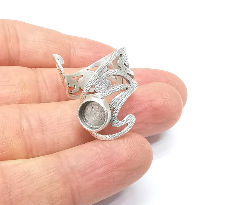 Silver Ring Setting, Cabochon Blank, Resin Bezel, Round Ring Mounting, Epoxy Frame Base, Adjustable Antique Silver Plated Brass 8mm G35016