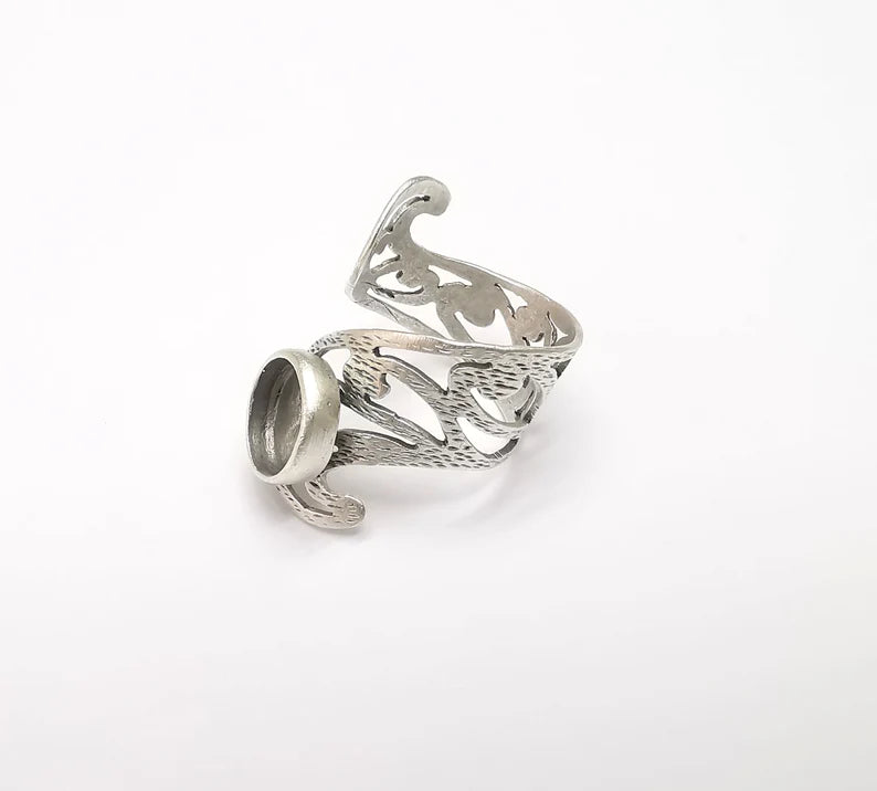 Silver Ring Setting, Cabochon Blank, Resin Bezel, Round Ring Mounting, Epoxy Frame Base, Adjustable Antique Silver Plated Brass 10mm G35019