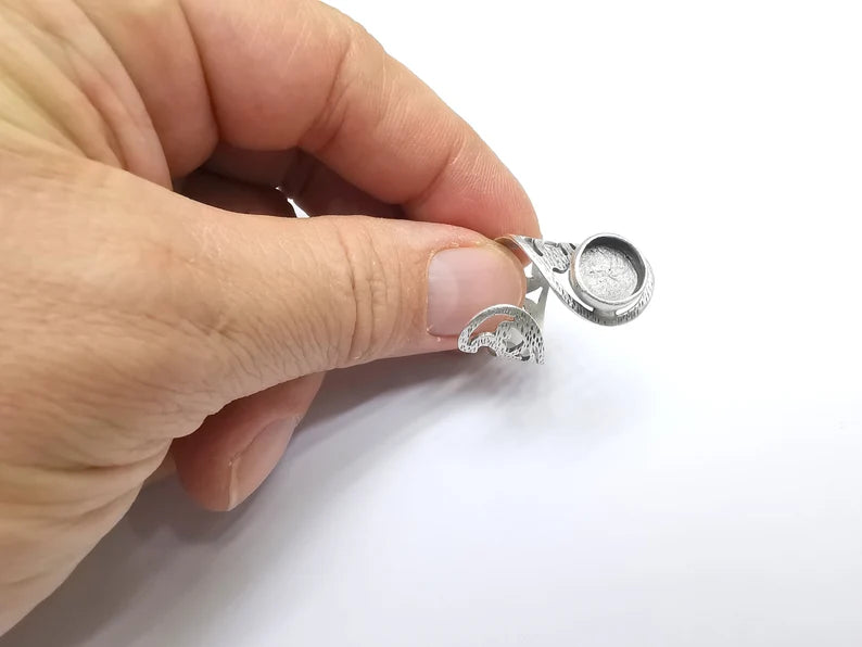 Silver Ring Setting, Cabochon Blank, Resin Bezel, Round Ring Mounting, Epoxy Frame Base, Adjustable Antique Silver Plated Brass 10mm G35019