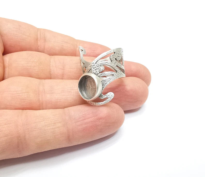 Silver Ring Setting, Cabochon Blank, Resin Bezel, Round Ring Mounting, Epoxy Frame Base, Adjustable Antique Silver Plated Brass 10mm G35019