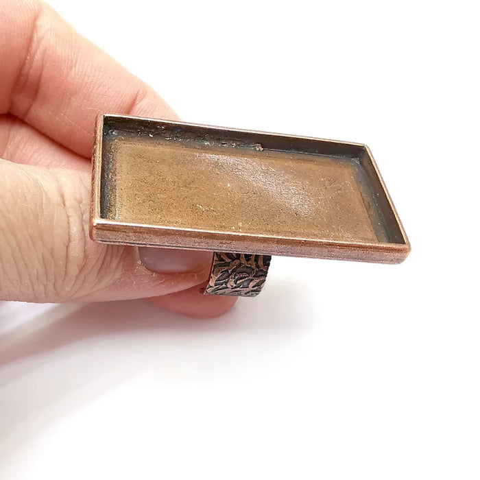 Rectangle Ring Setting, Cabochon Blank, Resin Bezel, Ring Mounting, Epoxy Frame Base, Adjustable Antique Copper Plated Brass 48x24mm G35023