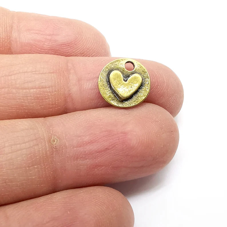 5 Heart Charms, Double Sided Charms, Disc Dangle Earring Charms, Chain Bracelet Component, Necklace Parts, Antique Bronze Plated 11x3mm G35188