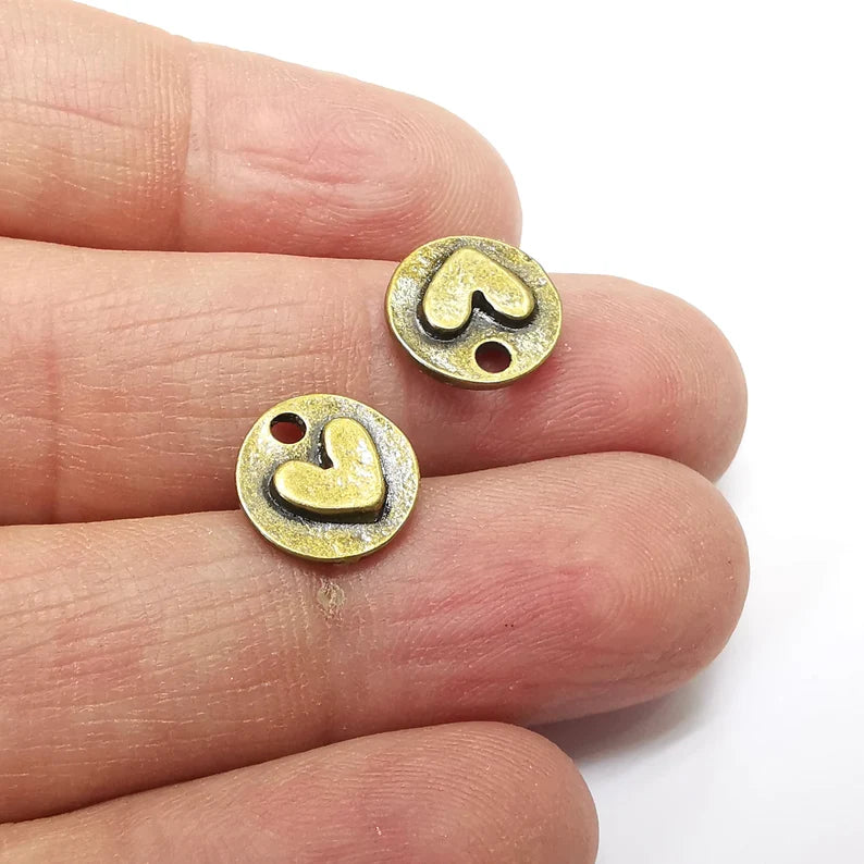 5 Heart Charms, Double Sided Charms, Disc Dangle Earring Charms, Chain Bracelet Component, Necklace Parts, Antique Bronze Plated 11x3mm G35188