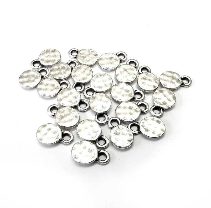 10 Hammered Disc Charms, Round Charms, Dangle Earring Charms, Chain Bracelet Component, Necklace Parts, Antique Silver Plated 11x7mm G35191