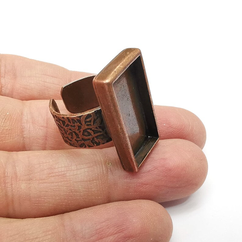 Copper Ring Setting, Cabochon Blank, Resin Bezel, Rectangle Ring Mounting, Epoxy Frame Base, Adjustable Antique Copper Plated 25x12mm G35192