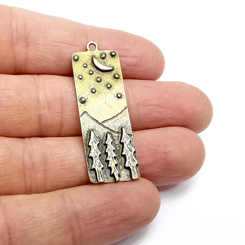 Landscape Charms, Moon and Star, Night Sky, Tree Mountain Charms, Forest Pendant, Earring Charms, Antique Bronze Plated (43x14mm) G35196