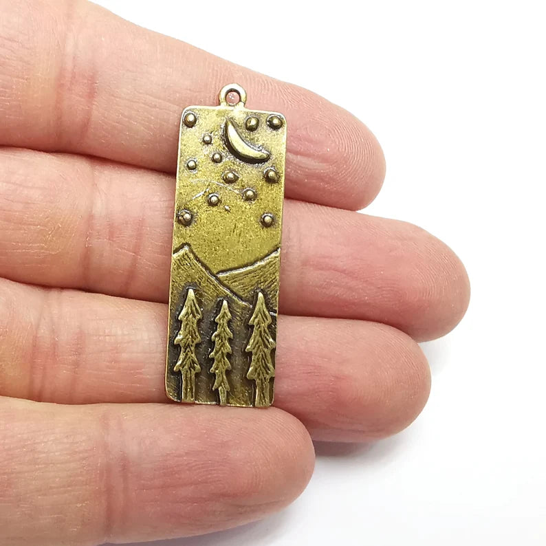 Landscape Charms, Moon and Star, Night Sky, Tree Mountain Charms, Forest Pendant, Earring Charms, Antique Bronze Plated (43x14mm) G35196