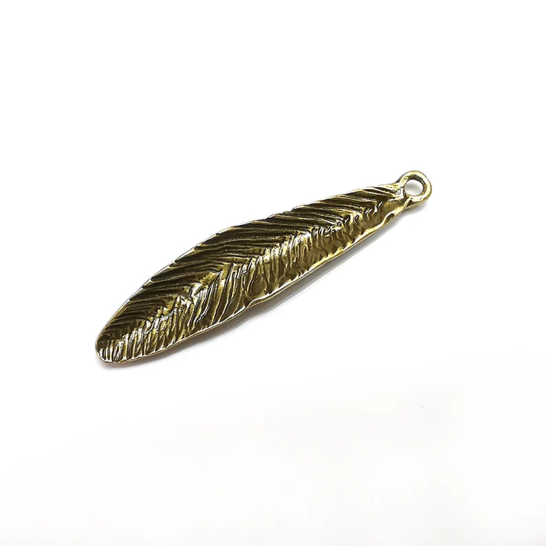 Feather Charms, Boho Charms, Leaf Charms, Dangle Earring Charms, Bronze Pendant, Necklace Parts, Antique Bronze Plated 51x10mm G35198