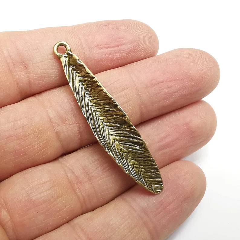 Feather Charms, Boho Charms, Leaf Charms, Dangle Earring Charms, Bronze Pendant, Necklace Parts, Antique Bronze Plated 51x10mm G35198