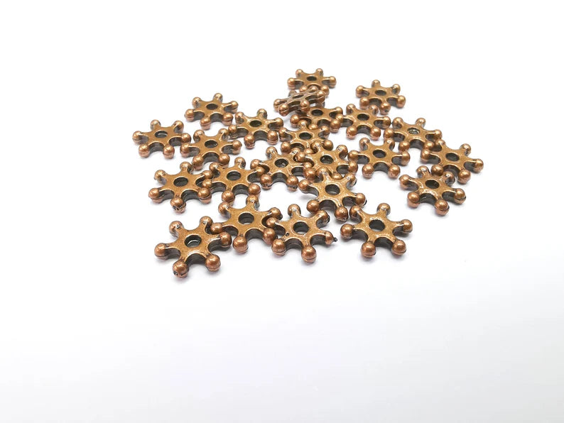 10 Copper Snowflake Bead, Perforated Connector, Copper Jewelry Parts, Bracelet Component, Antique Copper Plated Metal Finding (10mm) G35042