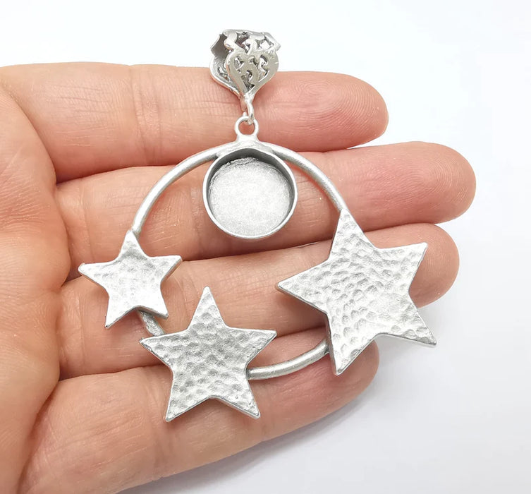 Star Pendant Blank, Cabochon Bezel, Locket Pendant Base, inlay Mountings, Resin Necklace, Antique Silver Plated Brass (16mm blank) G35043
