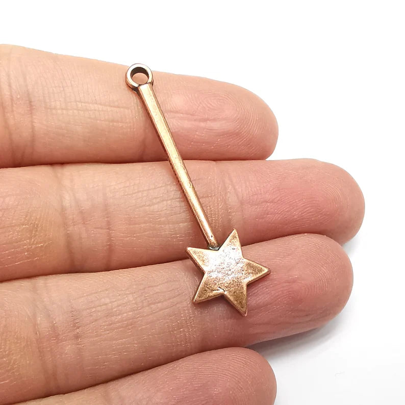 2 Copper Star Charms, Stick Ward Charms, Ethnic Earring Charms, Copper Rustic Pendant, Necklace Parts, Antique Copper Plated 46x14mm G24478
